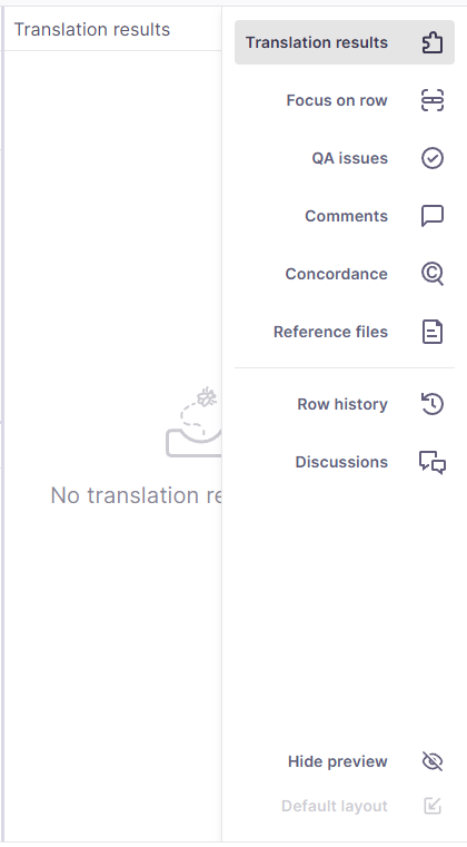 Barre latérale droite d’une interface de traduction affichant des options incluant Résultats de traduction, Concentrer sur le segment, Problèmes de contrôle qualité, Commentaires, Concordance, Fichiers de référence, Historique du segment et Discussions.