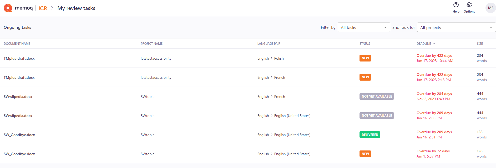 マイレビュータスクページではユーザーに割り当てられた全てのレビュータスクを表示します。左上にはヘルプ、オプション、管理ボタンがあります。フィルタードロップダウンを使用してタスクを絞り込み、プロジェクトを検索することもできます。フィルターオプションの下には、割り当てられたタスクに関するすべての情報（ドキュメント名、プロジェクト名、言語ペア、ステータス、期限、サイズ）が記載された表があります。