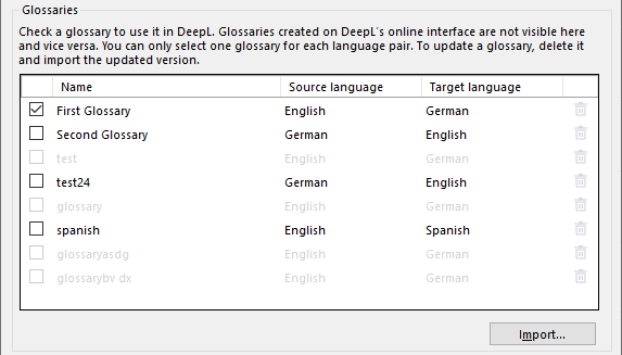 DeepLプラグインウィンドウの用語集部分で、DeepLプラグインでの翻訳時に使用できる用語集が表示されています。