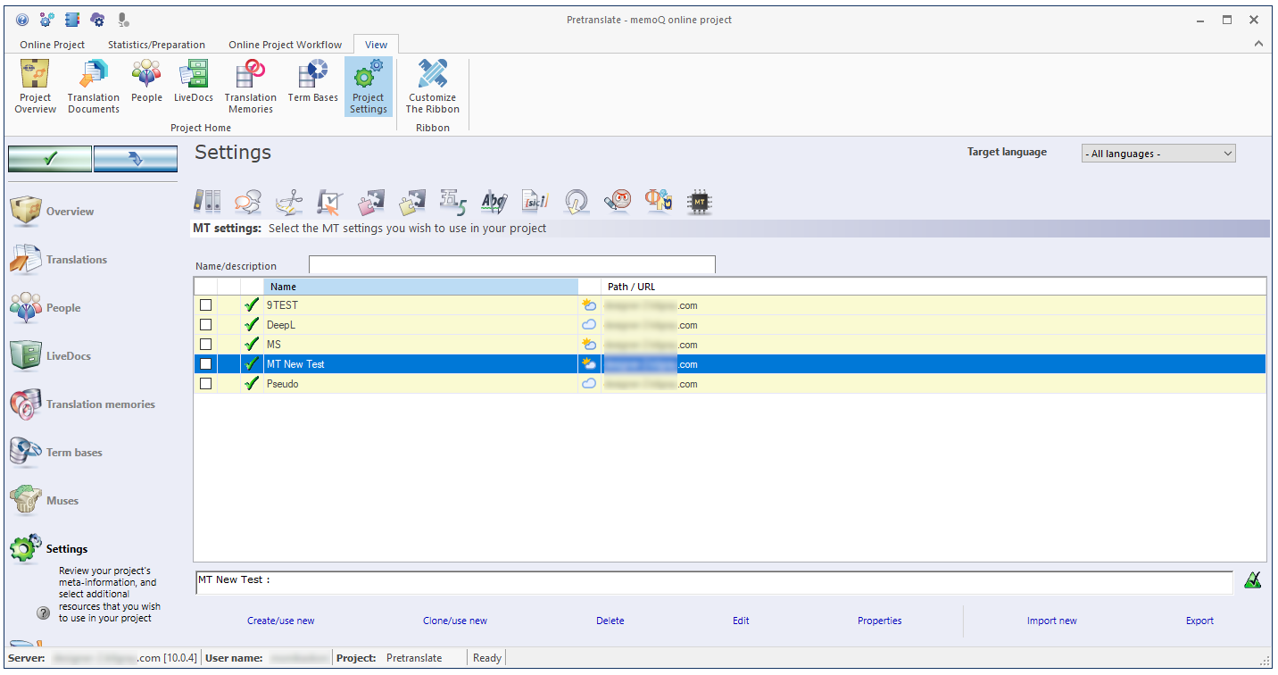 memoQオンラインプロジェクトウィンドウで、プロジェクト設定オプションを表示し、MT設定タブを開き、可能なMTを表示しています。