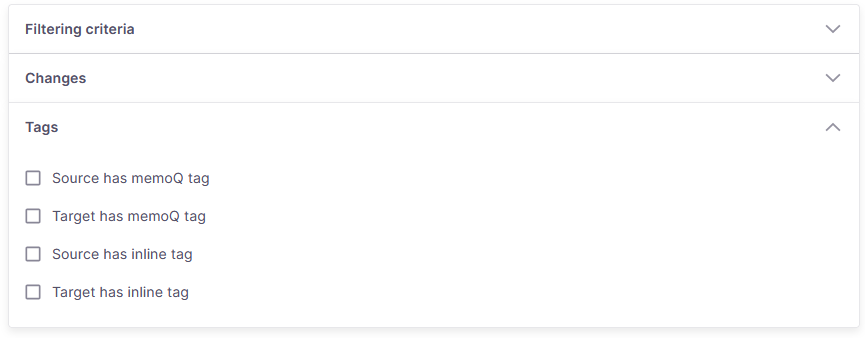 翻訳におけるタグに焦点を当てた詳細フィルタリングオプション。ソースにmemoQタグがあるか、ターゲットにmemoQタグがあるか、ソースにインラインタグがあるか、ターゲットにインラインタグがあるかをフィルタリングするためのチェックボックスがあります。