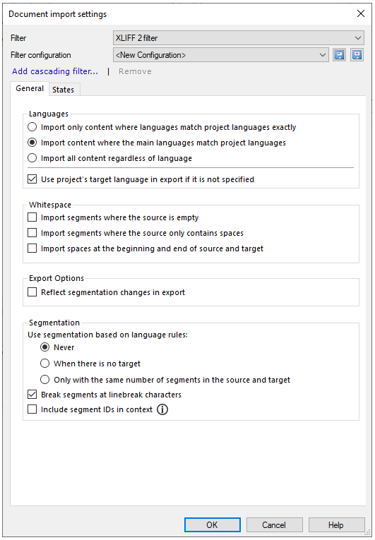 文書のインポート設定ウィンドウでXliff 2フィルターが選択され、全般タブが開かれています。タブの下には、言語、空白、エクスポートオプション、セグメンテーションがあります。左下には、OK、キャンセル、ヘルプボタンがあります。