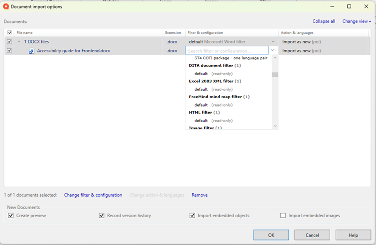 the “Document import options” window displaying a DOCX file named “Accessibility guide for Frontend.docx”. The filter selection menu is open, showing multiple available filters such as Microsoft Word, DITA, Excel XML, FreeMind mind map, and HTML.