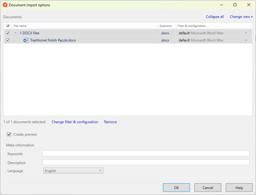 The Document import options dialog showing a file list with one document selected: Traditional Polish Pączki.docx under a folder named 1 DOCX files. The extension is .docx and the filter is set to default Microsoft Word filter. Options at the bottom include Create preview, Meta-information fields for Keywords, Description, and Language (set to English). The window has OK, Cancel, and Help buttons at the bottom.