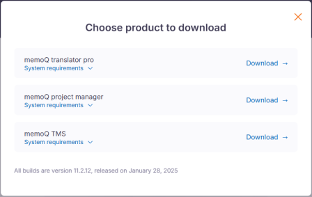 Window showing memoQ products (translator pro, project manager, TMS) and links to their parameters. There are Download buttons on the right side of the window.