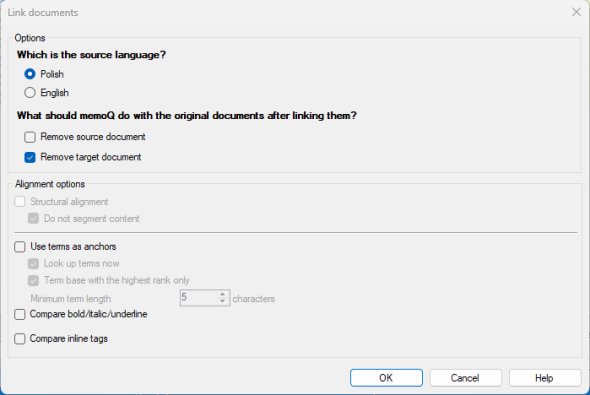 The Link documents dialog with Source language set to Polish, Remove target document option selected; includes alignment options disabled or unchecked (structural alignment; use terms as anchors; compare formatting options), and buttons labeled OK, Cancel, Help.