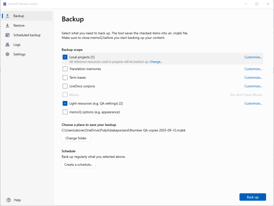 The Backup dialog with all the available options.