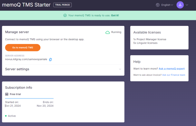 part of memoQ TMS starter page showing only the basic trial options - available licenses, help page, subscription info, and manage serer info.