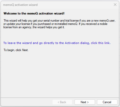 First screen of memoQ activation wizard with the Next and Cancel buttons active.