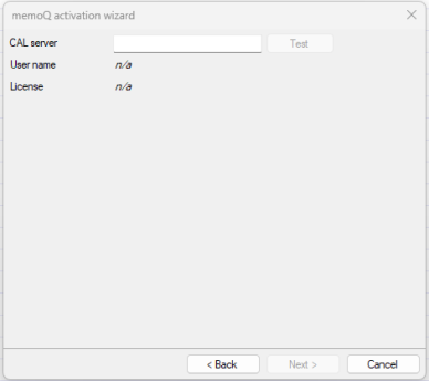Fourth screen of memoQ activation wizard with the field for CAL server configuration available. At the bottom of the screen there are the Back and Cancel buttons active.
