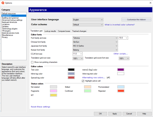 The appearance page showing all the options showing the default color scheme.