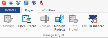 Part of the memoQ interface showing available tabs - memoQ, project, workflow.
