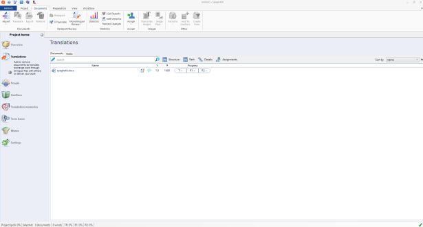 The Project home window showing a document for translation and all the possible fuctionalities user can use.
