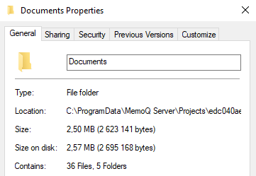 Documents Properties window showing General tab with document's folder, type, Location, size, size on disk, and how many files and folders it contains. The numbers show the state after the document is delivered.