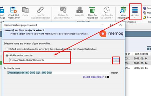 The memoQ archive project window and the button that opens it