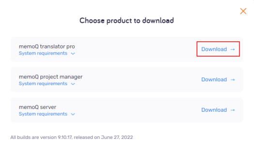 Window showing memoQ products (translator pro, project manager, server) and links to their parameters. There are Download buttons on the right side of the window.